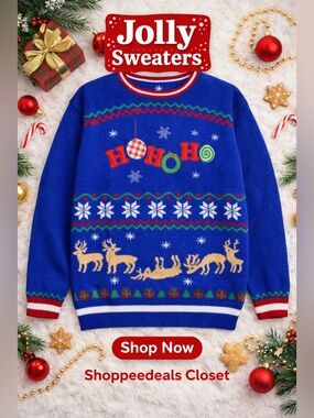 Jolly Sweaters Blue”Ho Ho Ho” Ugly Christmas Sweater – Reindeer Holiday Pullover